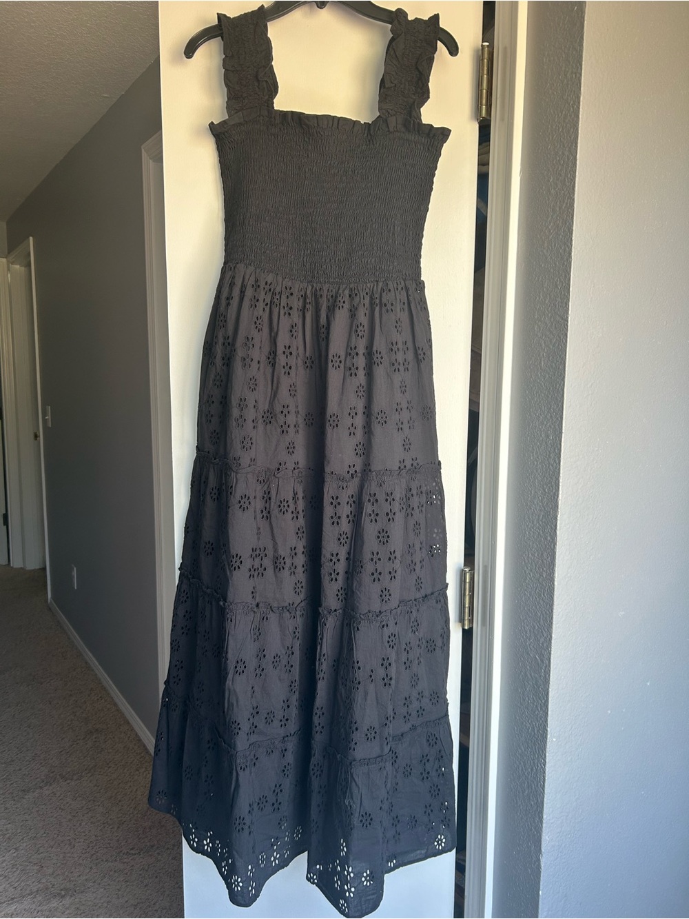 Quince Black Eyelet Smocked Midi Dress